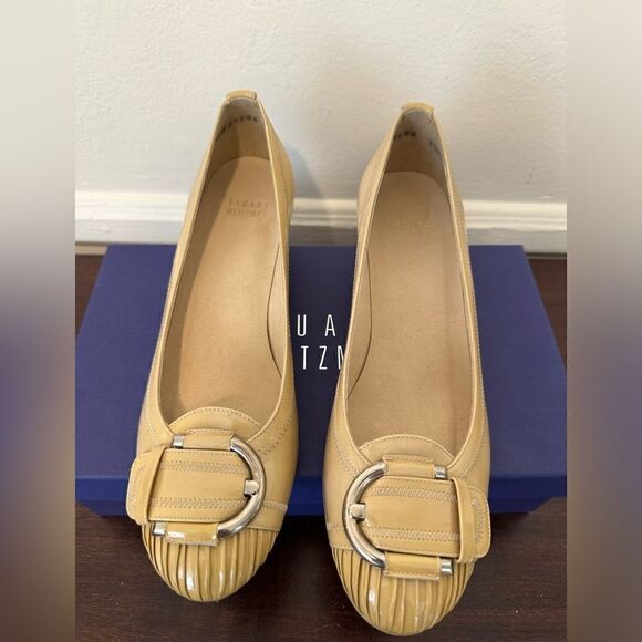 STUART WEITZMAN  sz 7,5 Patent Leather Wedge Heels Front Buckle Scrunch Toe - Picture 6 of 13